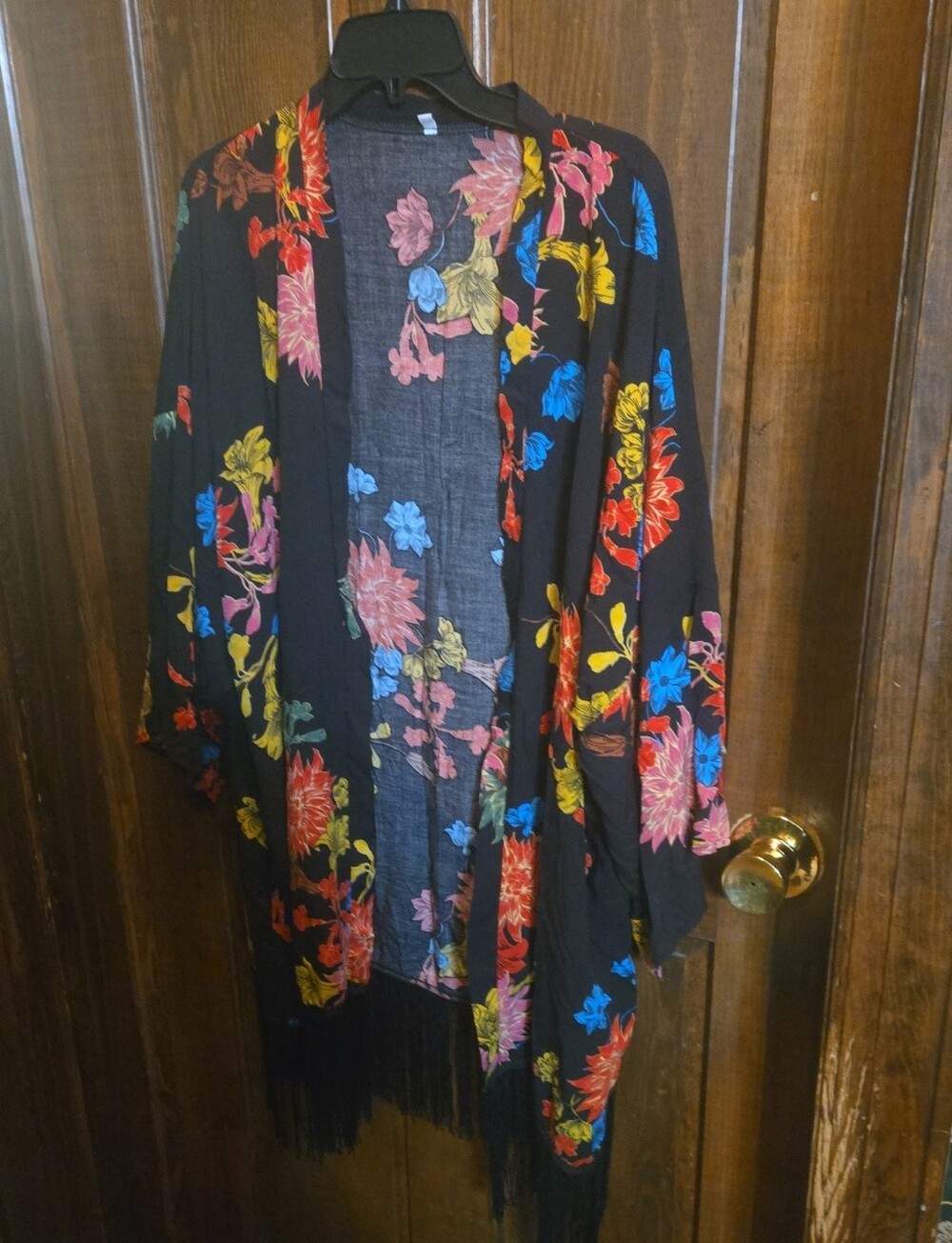 Black Floral Fringe Kimono Wrap - Multicolor Bloom W Fringe